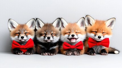   Three foxes in red bowties sit together on a white background