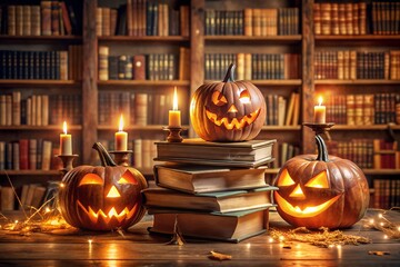 Carved halloween pumpkins with glowing candles sit on old books in a library