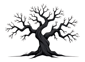 Black and White Twisted Tree with Transparent Background, Digital Illustration for Web Design
