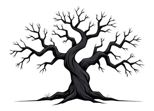 Black and White Twisted Tree with Transparent Background, Digital Illustration for Web Design