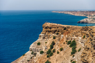Cape Fiolent in Crimea, view of Black Sea and cliff in summer on sunny day