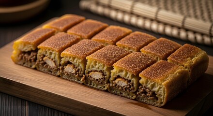 Savory stuffed pancake with a delicious meat filling, a popular Asian culinary treat cut into squares and served on a wooden board.