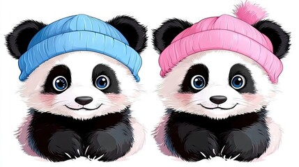   A pair of panda bears resting atop a snowy mound together