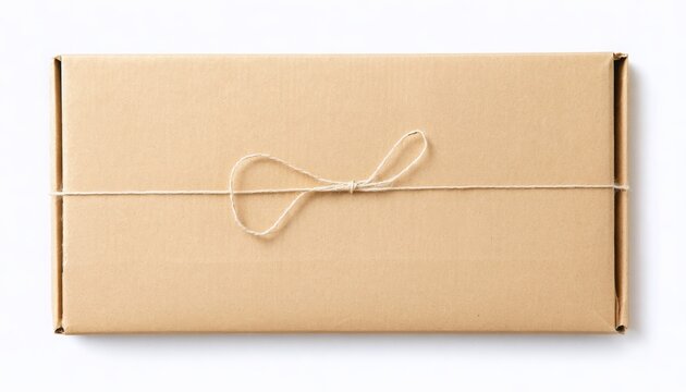 Closed cardboard box tied with string on white background, ready for shipping