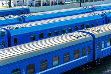 Brest Central train station with trains carriages tracks train Belarus.