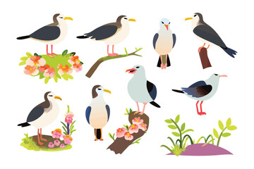 Seagulls at Rest: A diverse collection of gracefully illustrated seagulls, each perched upon meticulously crafted decorative elements, forms a scene brimming with serenity and tranquility. 