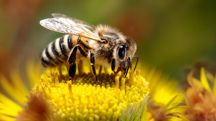 A detailed shot of a honey bee collecting nectar from a flower. Symbol of pollination, biodiversity, and nature's importance.