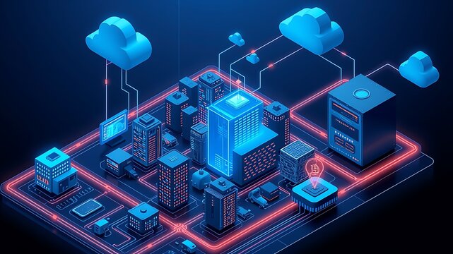 Futuristic city network with glowing connections and cloud technology isometric digital city
