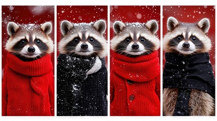   Three photos of a raccoon with a scarf on its neck