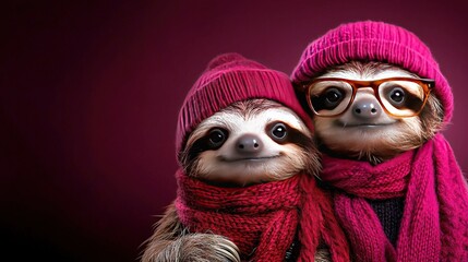   Two sloths with knitted hats and scarves, one with glasses and the other with a knitted hat and scarf