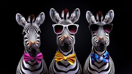   Three zebras wearing sunglasses and bowties, with one wearing a pair and the other wearing a pair