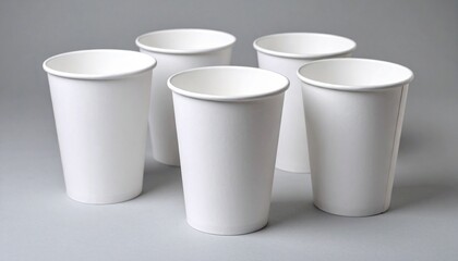 "Group of five white paper cups on gray background, minimal and clean disposable drinkware arrangement."