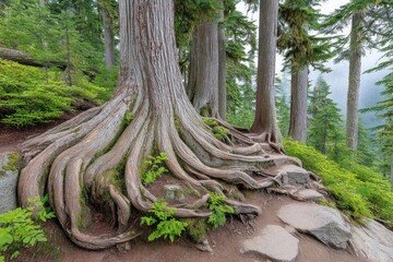 Massive tree roots spread across a forest trail