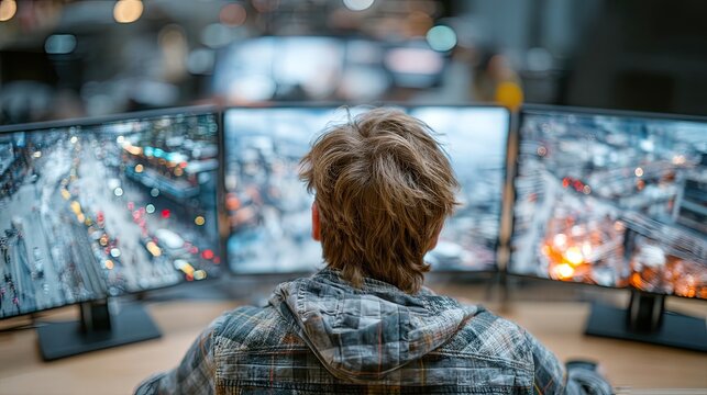 Man with Curly Hair Using Multiple Computer Screens at Night