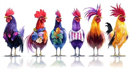   A group of vivid roosters perched together on a white background, mirrored in the ground below