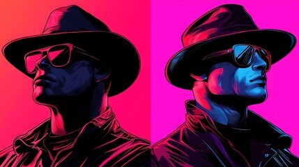   Man in Hat & Sunglasses on Pink-Blue Background with Similar Image