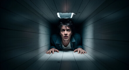 A man crawls through a narrow, claustrophobic tunnel, looking ahead with a worried expression.