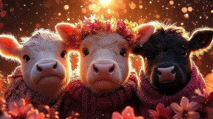   A trio of cows grazes amidst an array of vibrant flora under a radiant sky