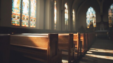 Fototapeta premium Serene church interior bathed in warm light through stained glass, evoking tranquility.