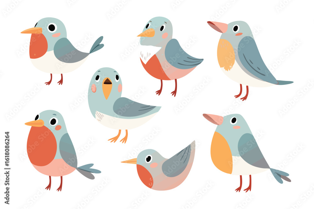 Poster colorful bird collection: a vibrant array of charming cartoon birds showcases a delightful ensemble 