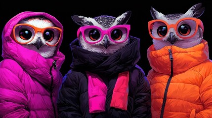   Three owls with colorful glasses stand before a black backdrop One wears orange and pink, the other orange