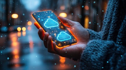 Close-up of hands holding a smartphone with glowing cloud icons, city lights in the background