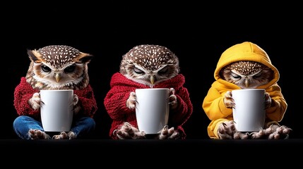   A pair of owls perched together on a dark background, sipping coffee from mugs placed in front of them
