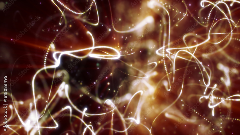 Poster warm golden and white abstract particle trails twisting in a glowing motion background