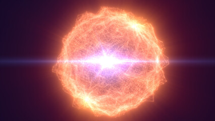 Fiery glowing orange energy sphere with intense light core and radiant heat filaments, representing high-tech power and futuristic combustion