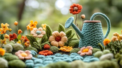Fototapeta premium Colorful Felted Flower Garden with Watering Can in Bright Outdoor Setting