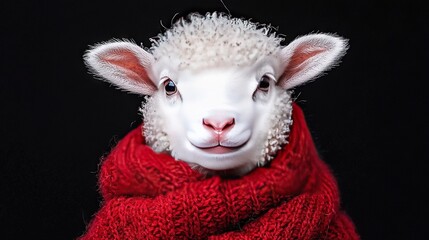   A sheep in focus, wearing a red scarf and with its eyes open