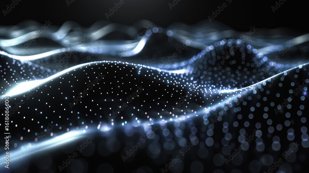 Poster abstract digital landscape featuring glowing particles that form waves in a dark environment, showca