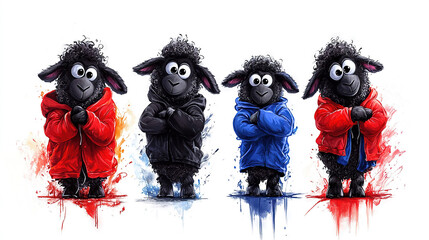   A flock of sheep standing together against a white backdrop, adorned with red and blue splatters