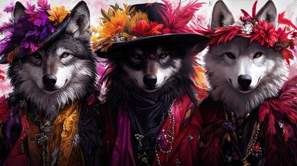   A trio of wolves donned vibrant attire and ornate headgear adorned with plumage