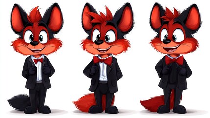   A cartoon fox in a tuxedo poses for three different angles and poses