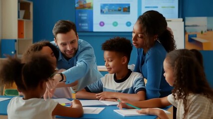 Teachers and diverse group of elementary students engaged in interactive classroom learning with drawing and writing activities at school - Powered by Adobe