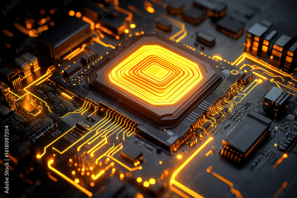 Poster high-tech circuit board featuring a glowing processor at the center, surrounded by intricate electro