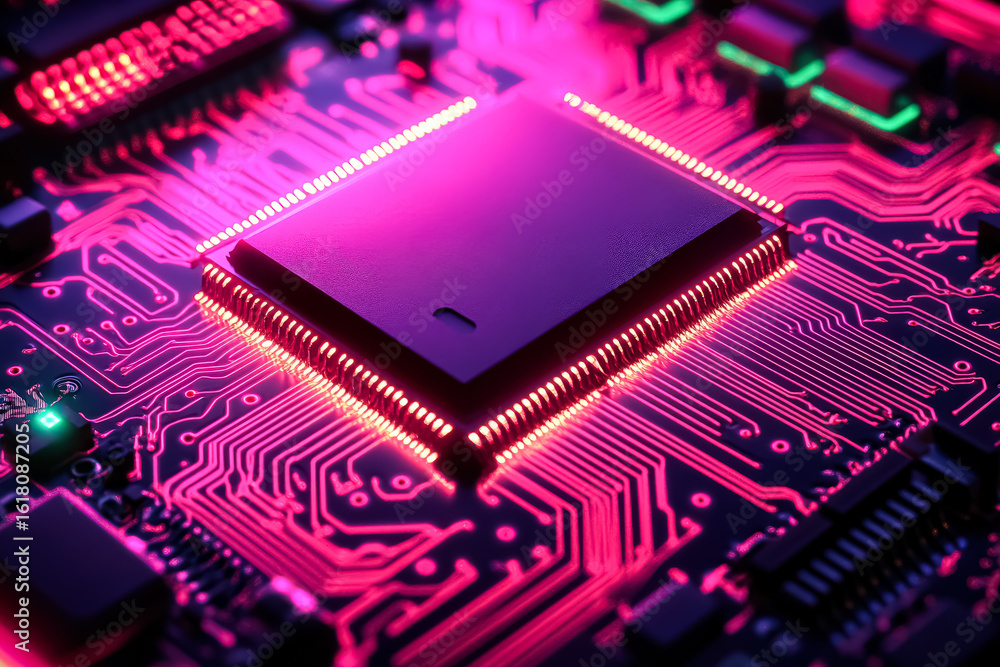 Poster close-up view of a microchip positioned on a circuit board, illuminated by vibrant neon lights, show