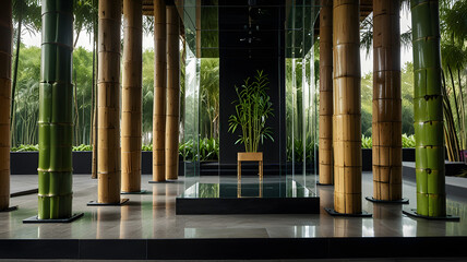 Modern Bamboo Pavilion with Greenery and Reflective Surfaces – Luxury Zen Garden Architecture