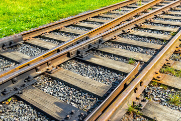 Railway tracks railway crossing on village road in Brest Belarus.