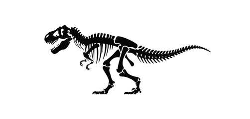Black silhouette of a tyrannosaurus rex dinosaur skeleton on a white background