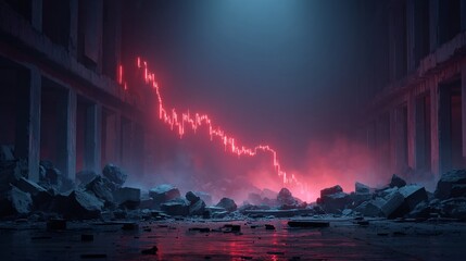 Abstract Red Financial Chart in Dark Abandoned Industrial Space