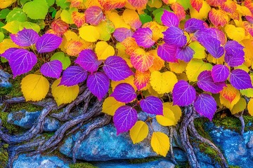 Vibrant autumn leaves on rocks and roots