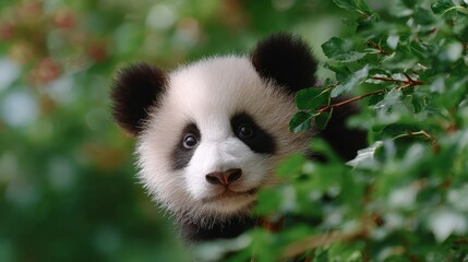 Naklejka premium Adorable panda peeks through lush green foliage. This charming animal showcases its playful nature. A delightful image perfect for wildlife enthusiasts and animal lovers. AI
