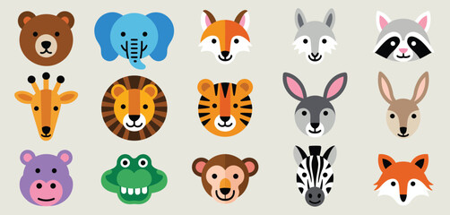 Collection of cute cartoon animal faces in a grid pattern