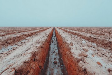Empty irrigation ditch through plowed field