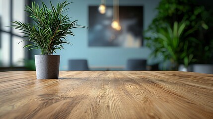 Modern Wooden Tabletop with Green Plant Pot, Blurred Background of Stylish Office or Home Interior,  Perfect for Product Display or Mockup,  High-Resolution Stock Photo.