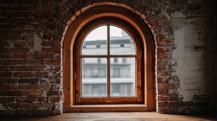 Fototapeta premium A rustic, arched window in a brick wall illuminates a cozy interior space, blending modern and classic elements.