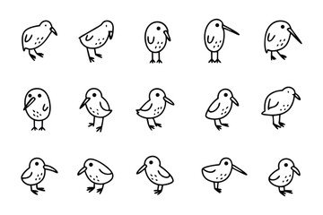 Kiwi Bird Illustrations: A charming collection of kiwi bird illustrations in various poses and perspectives, each delicately hand-drawn in a clean, modern, and minimalist style.