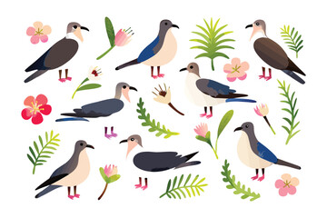 Illustration of Birds and Floral Elements: A delightful illustration showcasing various bird species and vibrant floral elements, perfect for adding a touch of nature's charm to any project.